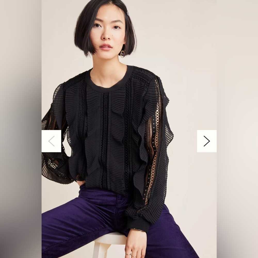 Anthropologie Daniel Rainn Black Lace Pleated Ruffle Blouse Size L - Picture 2 of 12